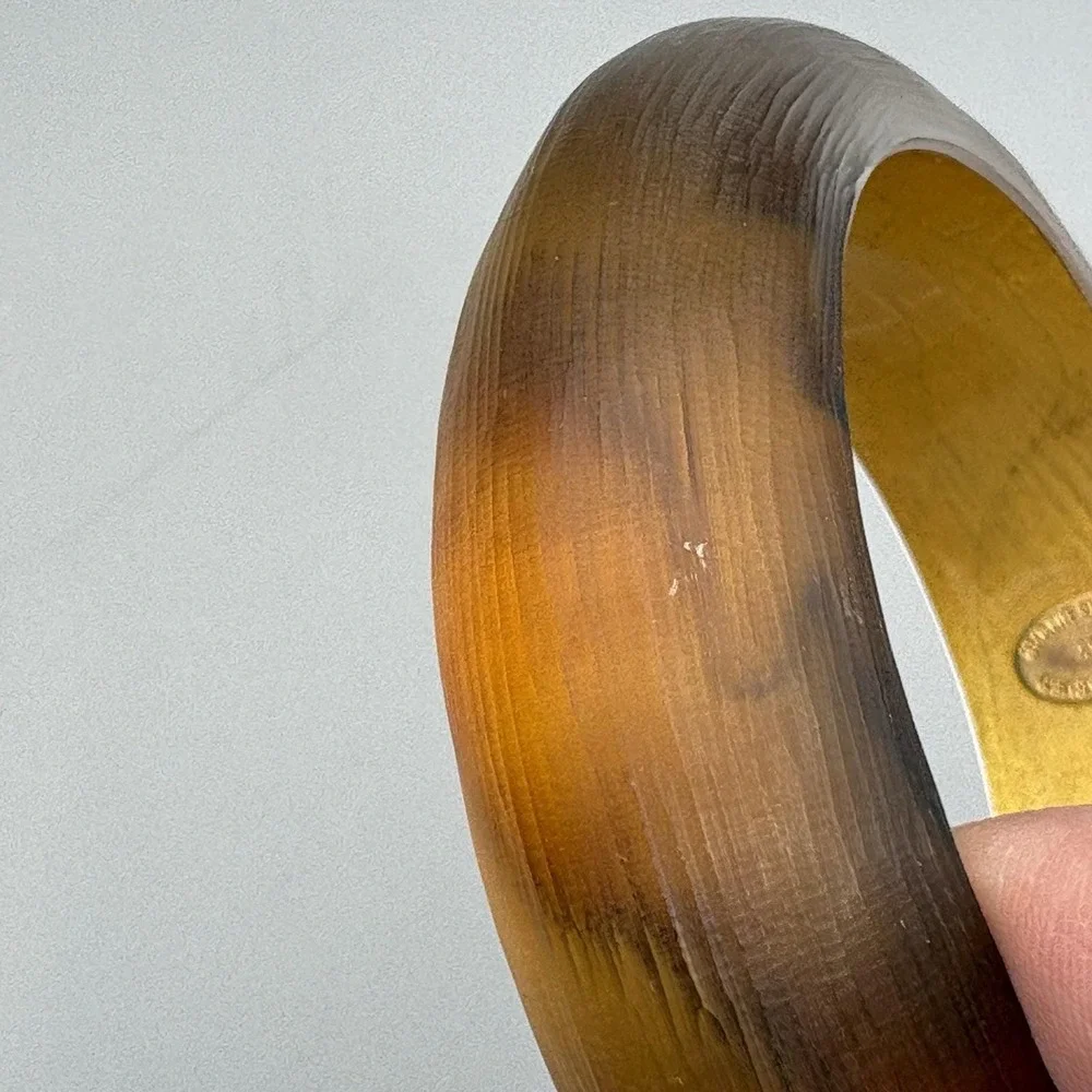 Alexis Bittar Gold Animal Print Lucite Bracelet Signed Statement 2.5
